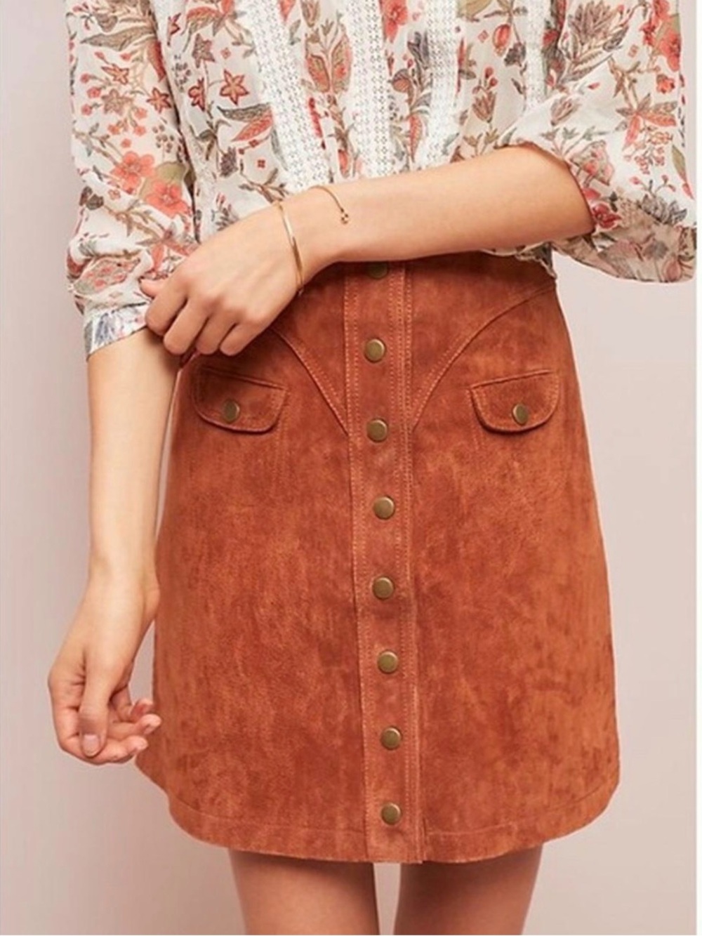 Anthropologie brown suede leather mini snap women’s skirt 36 4 s small